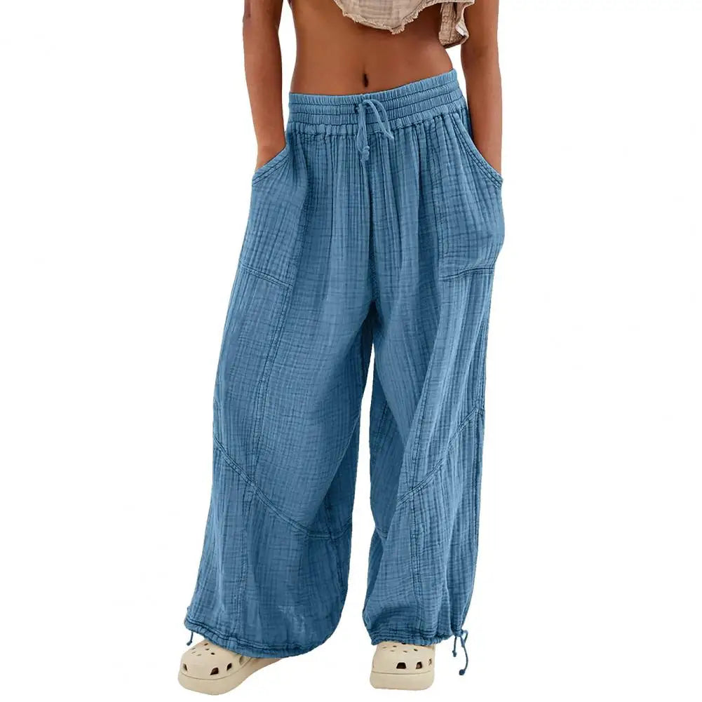 Women Harem Pants Summer Casual Vintage Cotton Linen Pants Elastic Waist Wide Leg Fashion Loose Pockets Female Trousers S-5XL