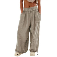 Women Harem Pants Summer Casual Vintage Cotton Linen Pants Elastic Waist Wide Leg Fashion Loose Pockets Female Trousers S-5XL
