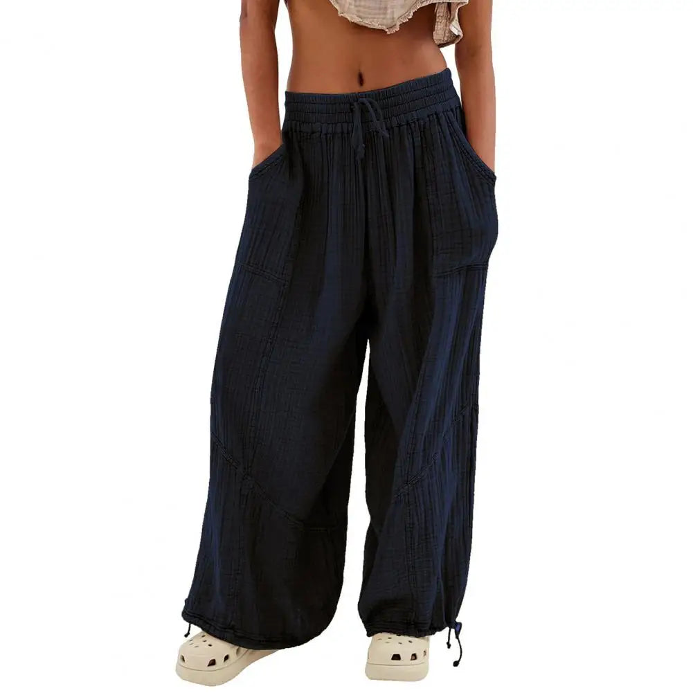 Women Harem Pants Summer Casual Vintage Cotton Linen Pants Elastic Waist Wide Leg Fashion Loose Pockets Female Trousers S-5XL