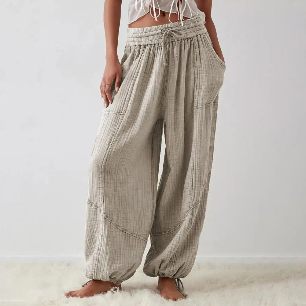 Women Harem Pants Summer Casual Vintage Cotton Linen Pants Elastic Waist Wide Leg Fashion Loose Pockets Female Trousers S-5XL