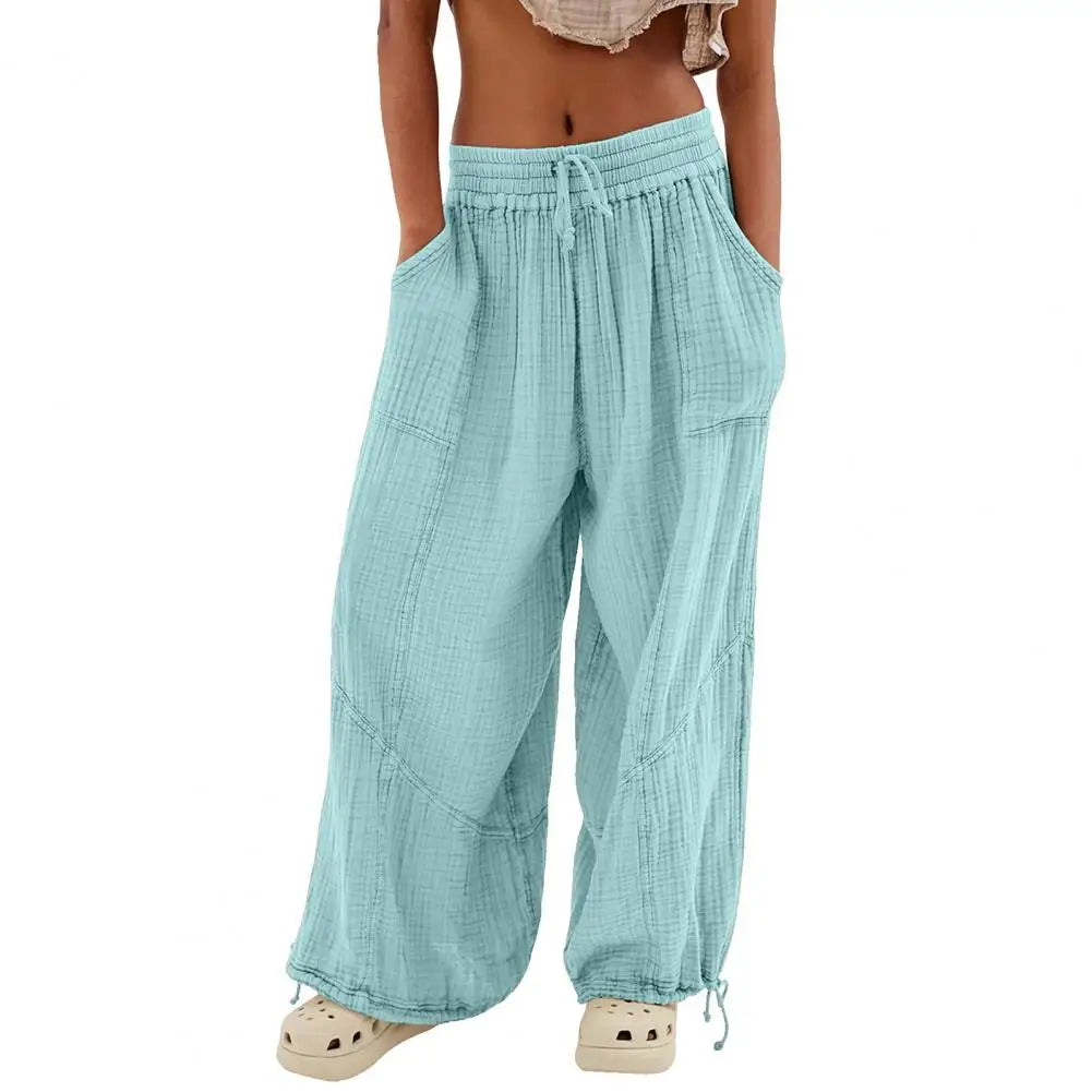 Women Harem Pants Summer Casual Vintage Cotton Linen Pants Elastic Waist Wide Leg Fashion Loose Pockets Female Trousers S-5XL