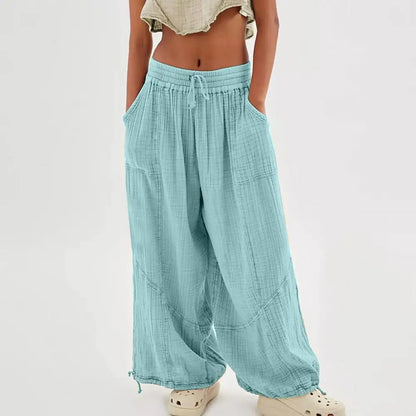 Women Harem Pants Summer Casual Vintage Cotton Linen Pants Elastic Waist Wide Leg Fashion Loose Pockets Female Trousers S-5XL
