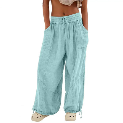 Women Harem Pants Summer Casual Vintage Cotton Linen Pants Elastic Waist Wide Leg Fashion Loose Pockets Female Trousers S-5XL