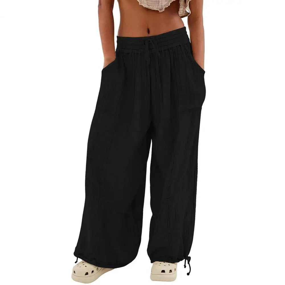 Women Harem Pants Summer Casual Vintage Cotton Linen Pants Elastic Waist Wide Leg Fashion Loose Pockets Female Trousers S-5XL